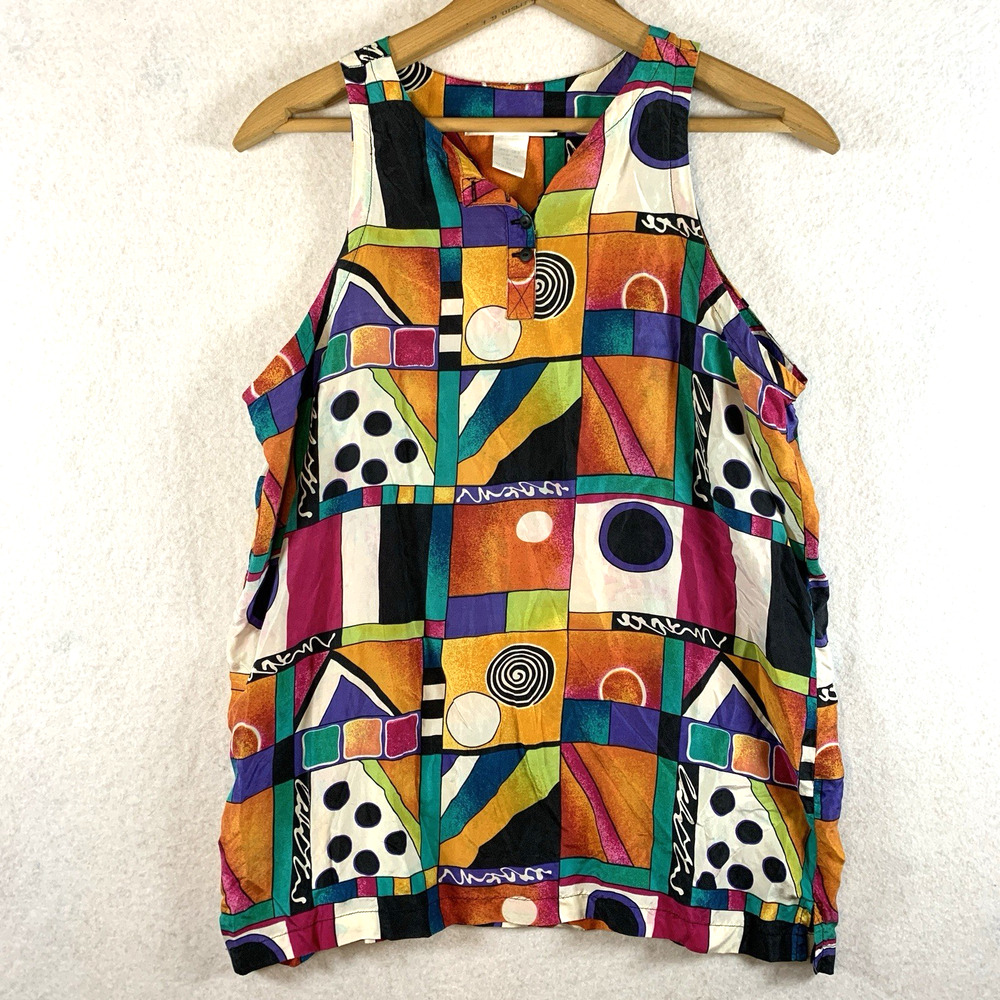 Vintage Express Womens 100% Silk Tank Top Sz S Maximalist Bold Geometric Loud
